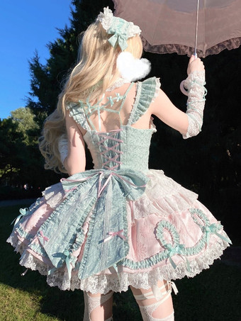 スイートロリータドレス ライトグリーン ノースリーブ レースアップ ジャンパー ポリエステル かわいい ファッション