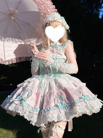 スイートロリータドレス ライトグリーン ノースリーブ レースアップ ジャンパー ポリエステル かわいい ファッション