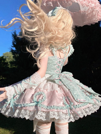 スイートロリータドレス ライトグリーン ノースリーブ レースアップ ジャンパー ポリエステル かわいい ファッション