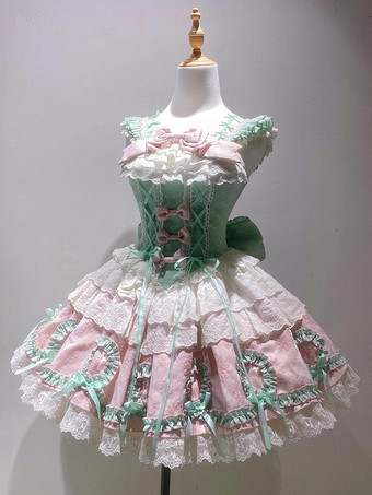 スイートロリータドレス ライトグリーン ノースリーブ レースアップ ジャンパー ポリエステル かわいい ファッション