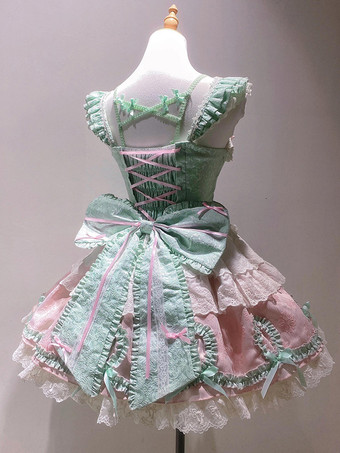 スイートロリータドレス ライトグリーン ノースリーブ レースアップ ジャンパー ポリエステル かわいい ファッション