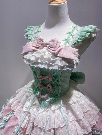 スイートロリータドレス ライトグリーン ノースリーブ レースアップ ジャンパー ポリエステル かわいい ファッション