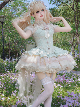 ライトグリーン 姫系 スイートロリータワンピース ライトグリーン 半袖 花柄 ティーパーティードレス トレーン付き ポリエステル かわいい ファッション