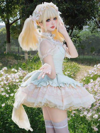 姫系 スイートロリータワンピース ライトグリーン 半袖 花柄 ティーパーティードレス トレーン付き ポリエステル かわいい ファッション