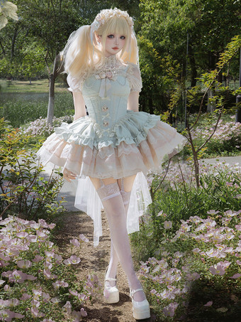 姫系 スイートロリータワンピース ライトグリーン 半袖 花柄 ティーパーティードレス トレーン付き ポリエステル かわいい ファッション