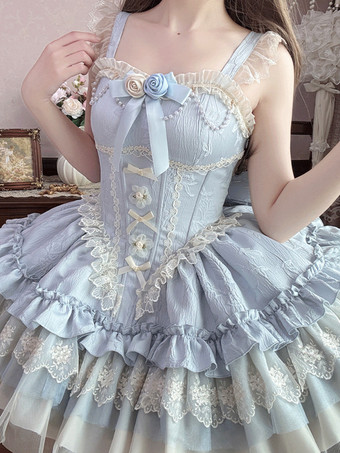 ライトスカイブルー姫系 スイートロリータワンピース ライトグリーン 半袖 花柄 ティーパーティードレス トレーン付き ポリエステル かわいい ファッション