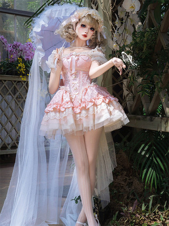 ピンク姫系 スイートロリータワンピース ライトグリーン 半袖 花柄 ティーパーティードレス トレーン付き ポリエステル かわいい ファッション