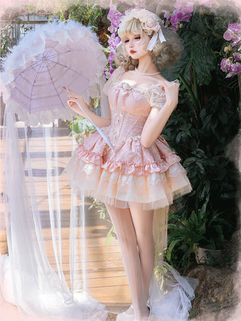 姫系 スイートロリータワンピース ライトグリーン 半袖 花柄 ティーパーティードレス トレーン付き ポリエステル かわいい ファッション