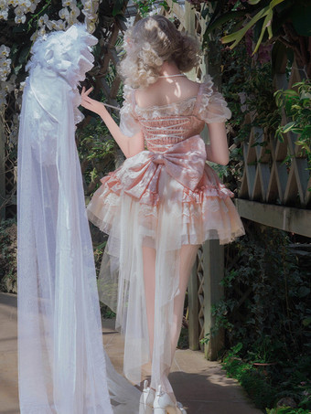 姫系 スイートロリータワンピース ライトグリーン 半袖 花柄 ティーパーティードレス トレーン付き ポリエステル かわいい ファッション