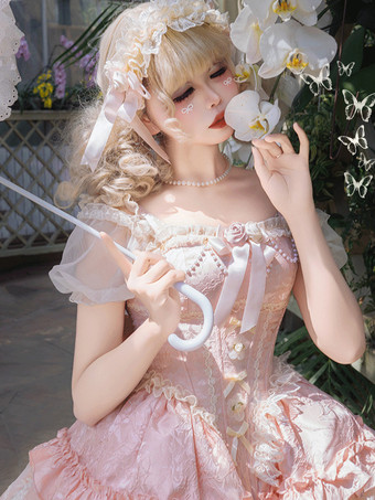 姫系 スイートロリータワンピース ライトグリーン 半袖 花柄 ティーパーティードレス トレーン付き ポリエステル かわいい ファッション