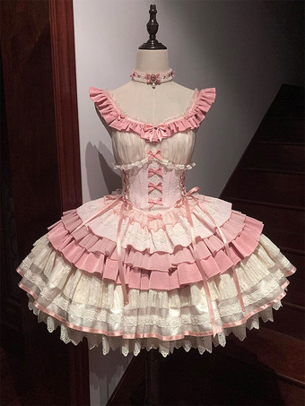 姫系 スイートロリータワンピース グリーン ノースリーブ リボン ジャンパー ポリエステル かわいい ファッション