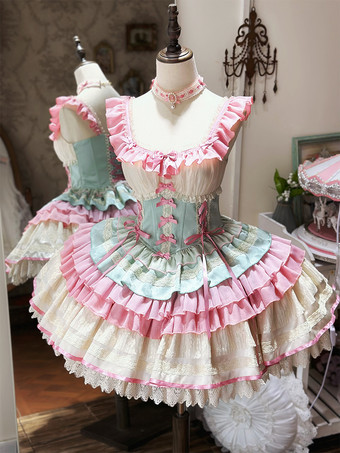 グリーン 姫系 スイートロリータワンピース グリーン ノースリーブ リボン ジャンパー ポリエステル かわいい ファッション