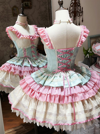 姫系 スイートロリータワンピース グリーン ノースリーブ リボン ジャンパー ポリエステル かわいい ファッション