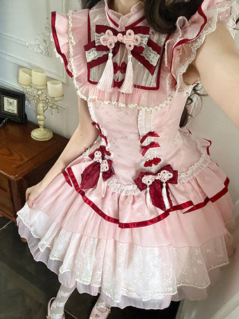 中国風ロリータドレス ピンク ノースリーブ ジャカード フリンジ スイート ポリエステル かわいい ファッション