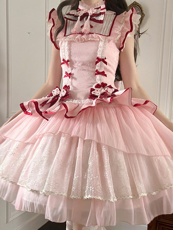 中国風ロリータドレス ピンク ノースリーブ ジャカード フリンジ スイート ポリエステル かわいい ファッション