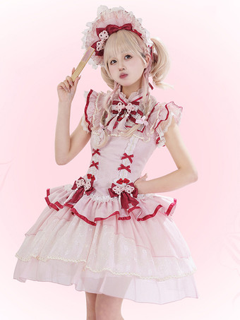 ピンク中国風ロリータドレス ピンク ノースリーブ ジャカード フリンジ スイート ポリエステル かわいい ファッション