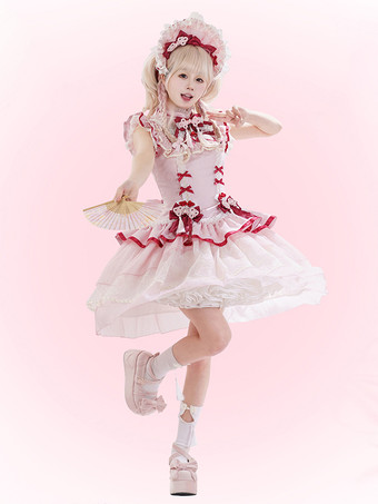 中国風ロリータドレス ピンク ノースリーブ ジャカード フリンジ スイート ポリエステル かわいい ファッション