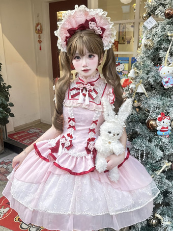 中国風ロリータドレス ピンク ノースリーブ ジャカード フリンジ スイート ポリエステル かわいい ファッション