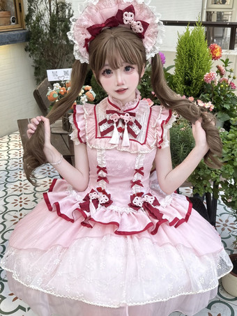 中国風ロリータドレス ピンク ノースリーブ ジャカード フリンジ スイート ポリエステル かわいい ファッション