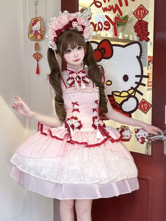 中国風ロリータドレス ピンク ノースリーブ ジャカード フリンジ スイート ポリエステル かわいい ファッション