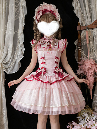 中国風ロリータドレス ピンク ノースリーブ ジャカード フリンジ スイート ポリエステル かわいい ファッション