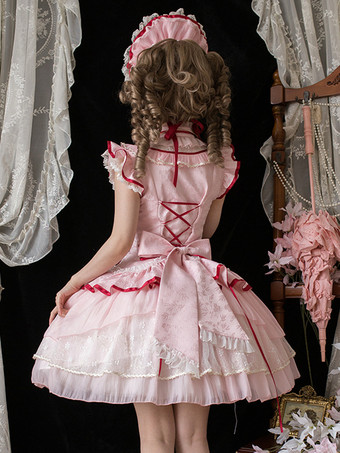 中国風ロリータドレス ピンク ノースリーブ ジャカード フリンジ スイート ポリエステル かわいい ファッション