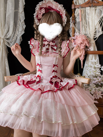 中国風ロリータドレス ピンク ノースリーブ ジャカード フリンジ スイート ポリエステル かわいい ファッション