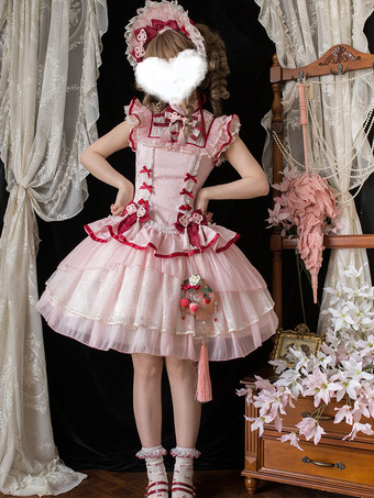 中国風ロリータドレス ピンク ノースリーブ ジャカード フリンジ スイート ポリエステル かわいい ファッション