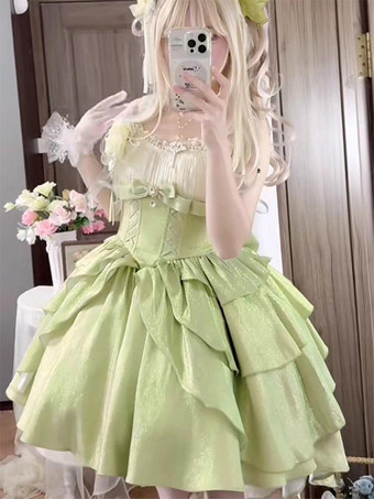 グリーン スイートロリータドレス グリーン ノースリーブ リボン ジャンパー ポリエステル かわいい ファッション