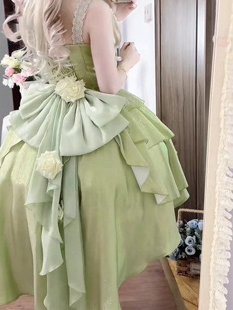 スイートロリータドレス グリーン ノースリーブ リボン ジャンパー ポリエステル かわいい ファッション