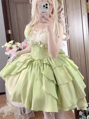 スイートロリータドレス グリーン ノースリーブ リボン ジャンパー ポリエステル かわいい ファッション