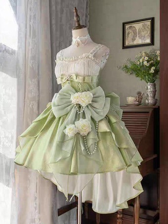 スイートロリータドレス グリーン ノースリーブ リボン ジャンパー ポリエステル かわいい ファッション