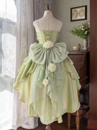 スイートロリータドレス グリーン ノースリーブ リボン ジャンパー ポリエステル かわいい ファッション