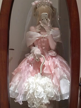 ピンク姫スイートロリータワンピース ピンク ノースリーブ フリル ジャンパー ポリエステル ピクニック かわいい ファッション