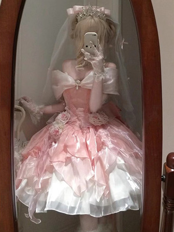 姫スイートロリータワンピース ピンク ノースリーブ フリル ジャンパー ポリエステル ピクニック かわいい ファッション