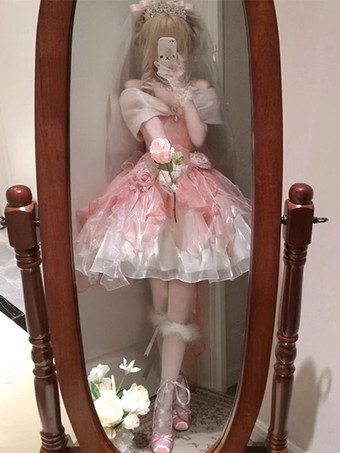 姫スイートロリータワンピース ピンク ノースリーブ フリル ジャンパー ポリエステル ピクニック かわいい ファッション