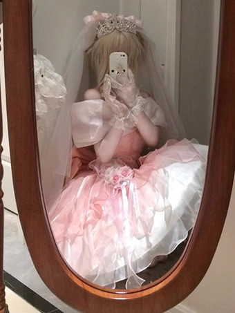 姫スイートロリータワンピース ピンク ノースリーブ フリル ジャンパー ポリエステル ピクニック かわいい ファッション