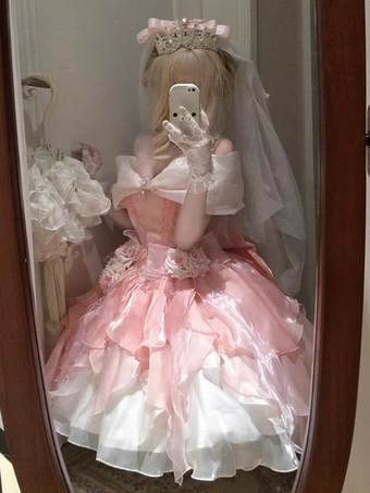 姫スイートロリータワンピース ピンク ノースリーブ フリル ジャンパー ポリエステル ピクニック かわいい ファッション