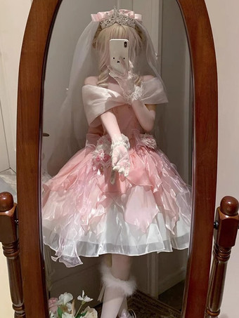 姫スイートロリータワンピース ピンク ノースリーブ フリル ジャンパー ポリエステル ピクニック かわいい ファッション