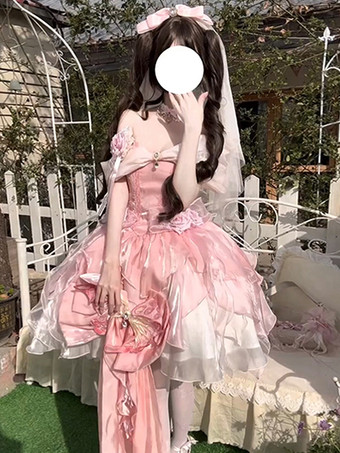 姫スイートロリータワンピース ピンク ノースリーブ フリル ジャンパー ポリエステル ピクニック かわいい ファッション