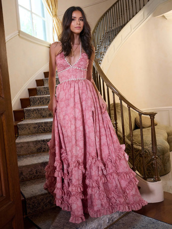 ホルターネックとハイスリット入りフローラルフリルマキシパーティードレス 2025