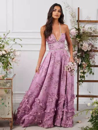 Halter Neckline Floral Maxi Party Dress With Beaded Details 2026 -  Milanoo.com