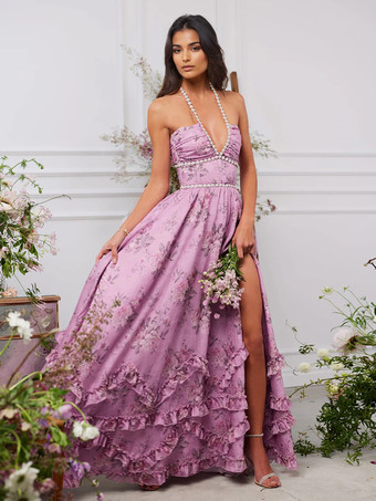 ホルターネックライン、花柄マキシ丈パーティードレス（ビーズディテール付き）2025