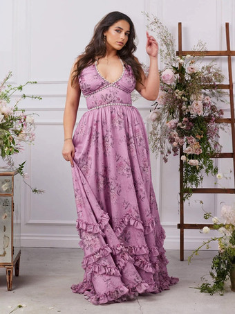 ホルターネックライン、花柄マキシ丈パーティードレス（ビーズディテール付き）2025