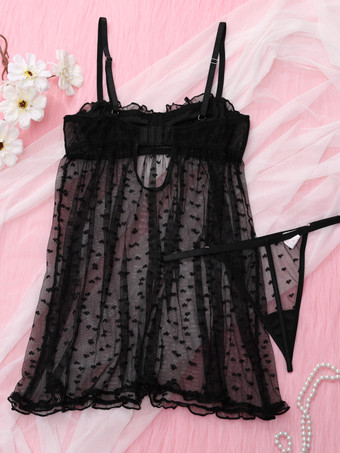 女性用ランジェリー ベビードール ブラック 花柄 ポリエステル セクシー パンツ付き