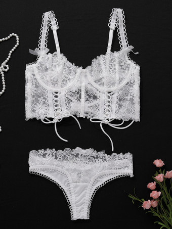ブライダルレース花柄ランジェリーセクシーホワイト2ピース大人用ブラショーツセット