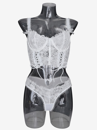 ブライダルレース花柄ランジェリーセクシーホワイト2ピース大人用ブラショーツセット