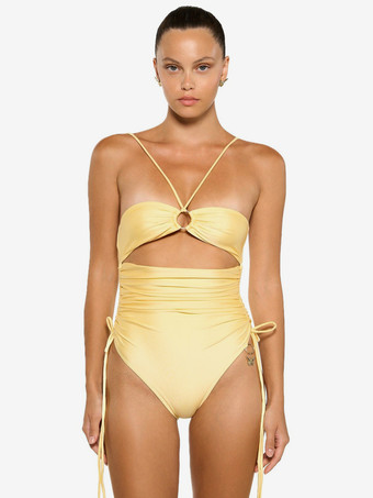 2025年の夏のビーチにぴったりな、カットアウトディテールのイエローワンピース水着