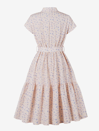 2025年夏にぴったりの、ウエストベルト付きヴィンテージフローラルプリントシャツドレス
