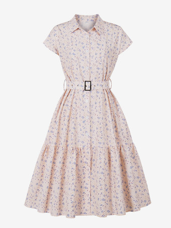 ピンク2025年夏にぴったりの、ウエストベルト付きヴィンテージフローラルプリントシャツドレス